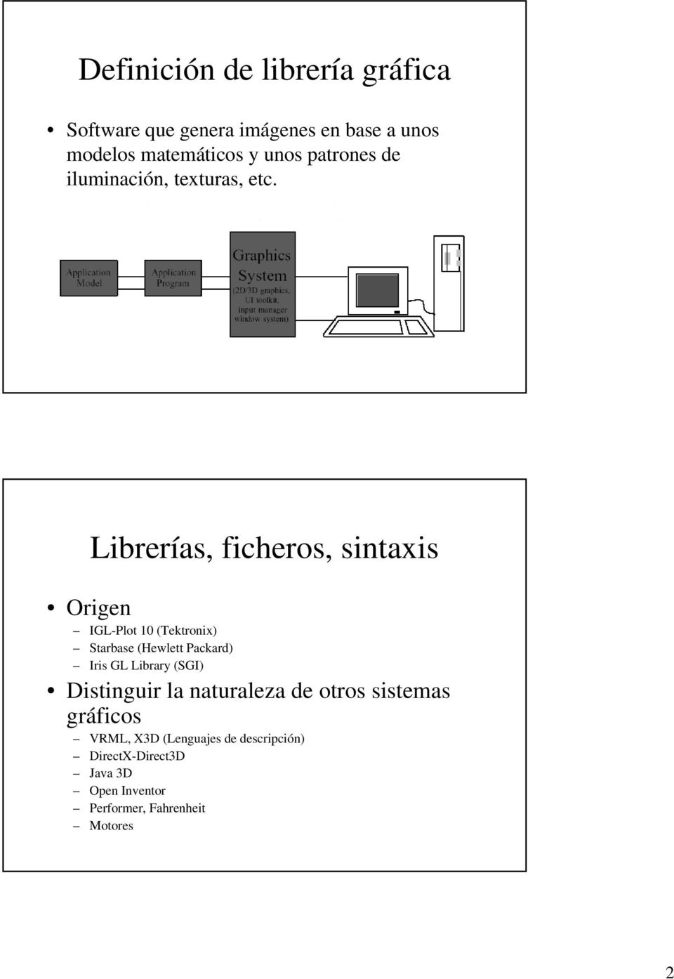 Librerías, ficheros, sintaxis Origen IGL-Plot 10 (Tektronix) Starbase (Hewlett Packard) Iris GL