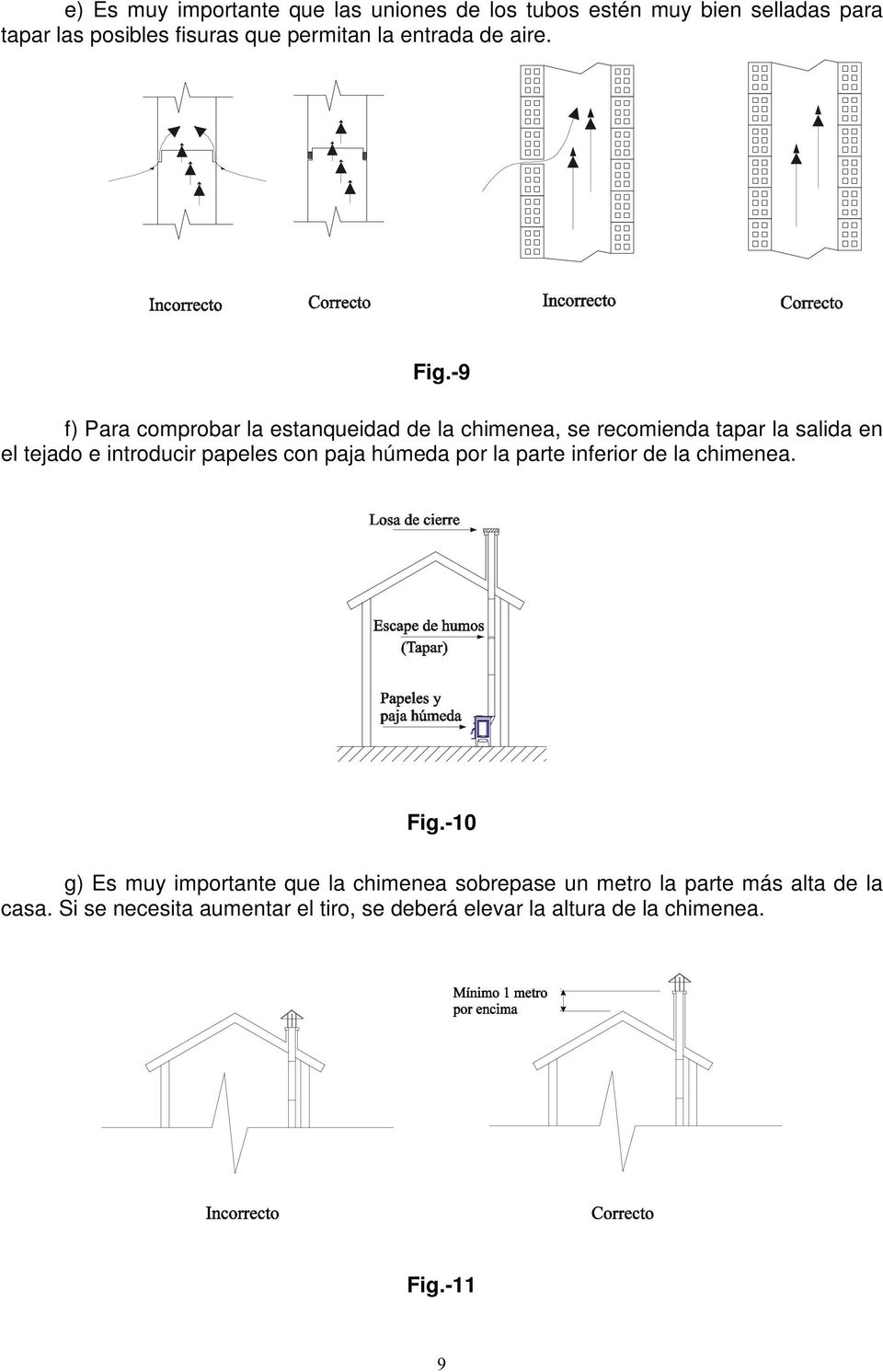 -9 f) Para comprobar la estanqueidad de la chimenea, se recomienda tapar la salida en el tejado e introducir papeles con