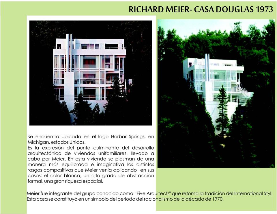 En esta vivienda se plasman de una manera más equilibrada e imaginativa los distintos rasgos compositivos que Meier venía aplicando en sus casas: el color blanco,