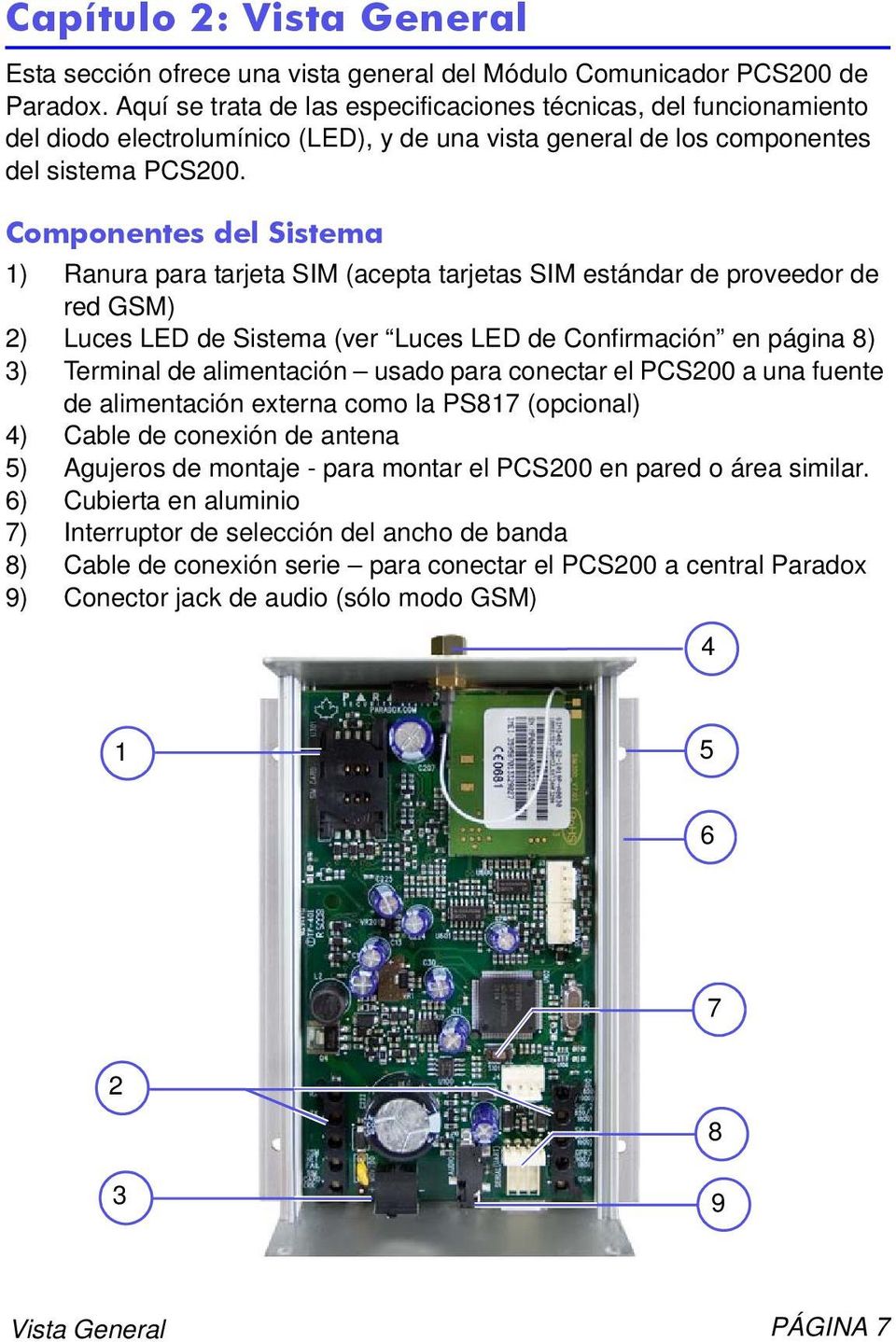 Componentes del Sistema 1) Ranura para tarjeta SIM (acepta tarjetas SIM estándar de proveedor de red GSM) 2) Luces LED de Sistema (ver Luces LED de Confirmación en página 8) 3) Terminal de