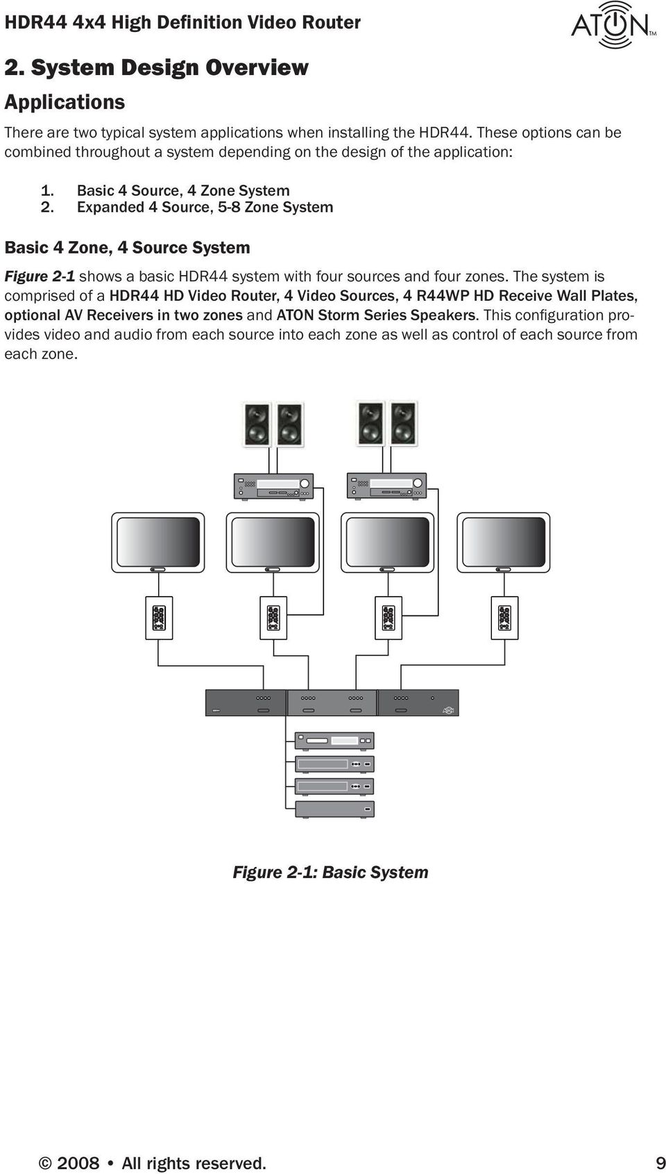 Basic 4 Source, 4 Zone System Expanded 4 Source, 5-8 Zone System Basic 4 Zone, 4 Source System Figure 2-1 shows a basic HD44 system with four sources and four zones.