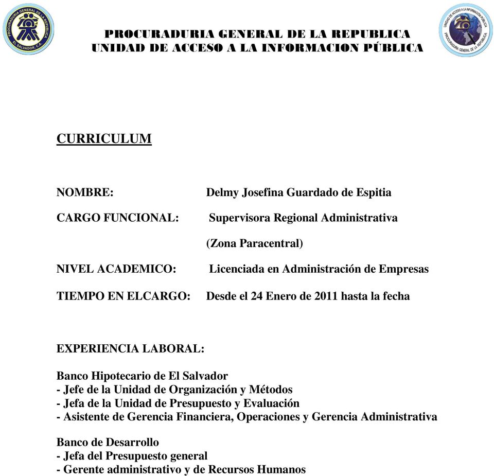 Hipotecario de El Salvador - Jefe de la Unidad de Organización y Métodos - Jefa de la Unidad de Presupuesto y Evaluación - Asistente de