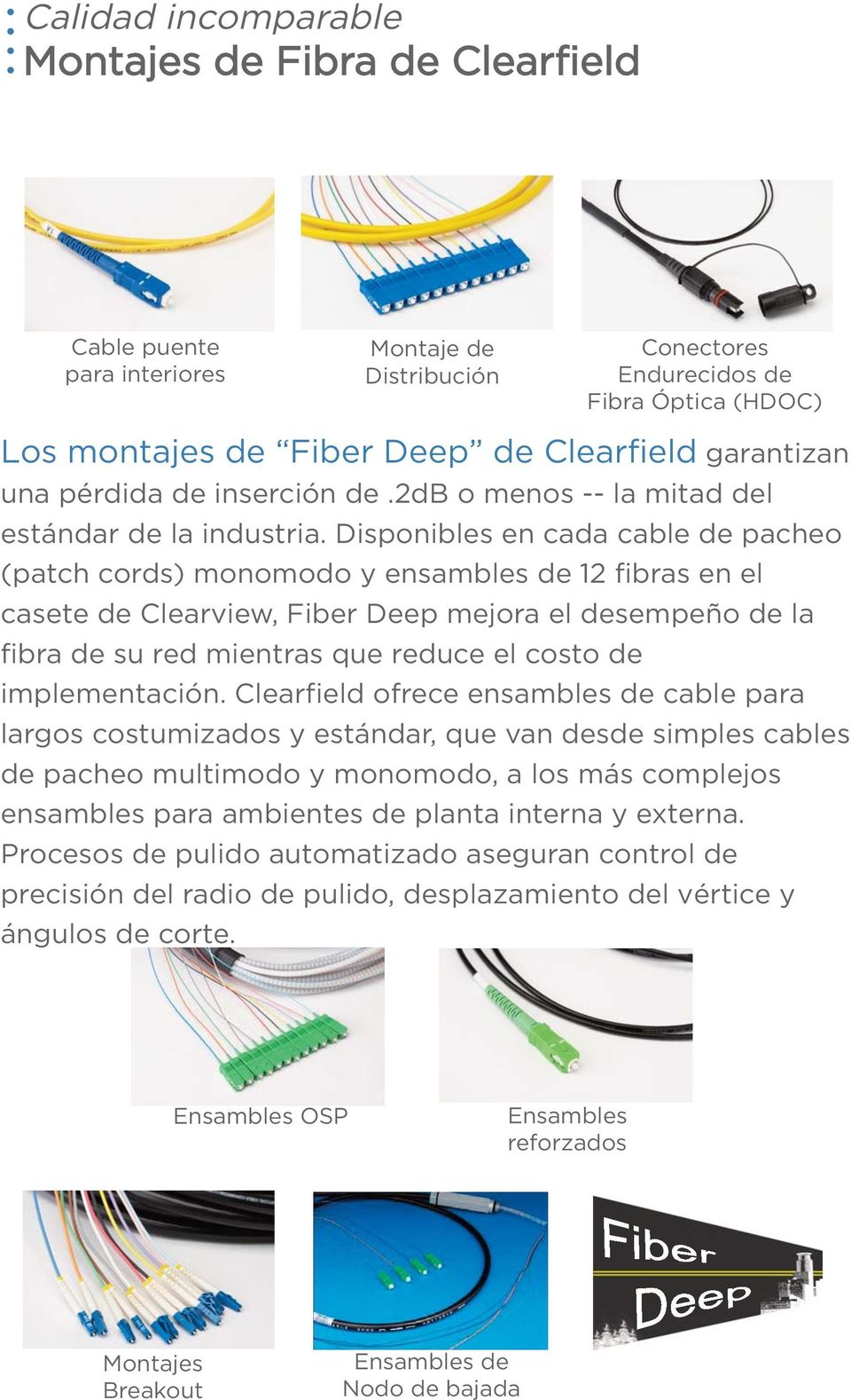 Disponibles en cada cable de pacheo (patch cords) monomodo y ensambles de 12 fibras en el casete de Clearview, Fiber Deep mejora el desempeño de la fibra de su red mientras que reduce el costo de