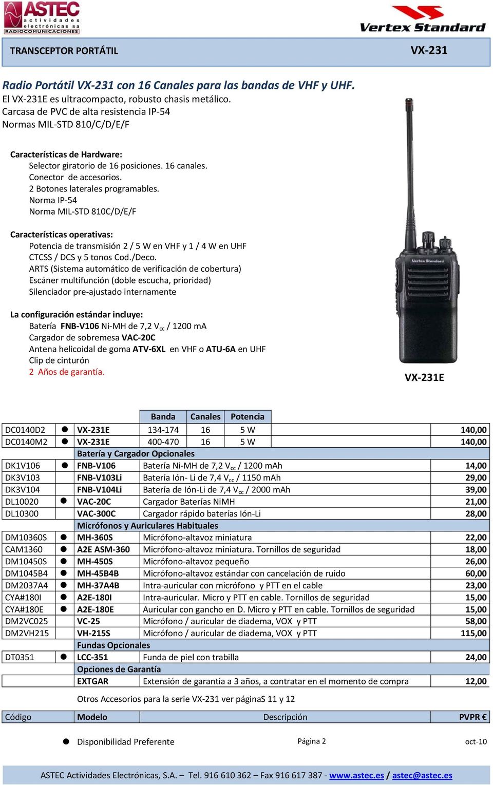 Norma IP 54 Norma MIL STD 810C/D/E/F Potencia de transmisión 2 / 5 W en VHF y 1 / 4 W en UHF CTCSS / DCS y 5 tonos Cod./Deco.