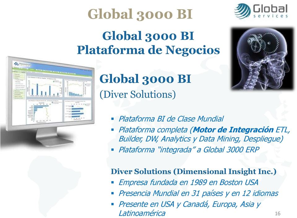 Plataforma integrada a Global 3000 ERP Diver Solutions (Dimensional Insight Inc.