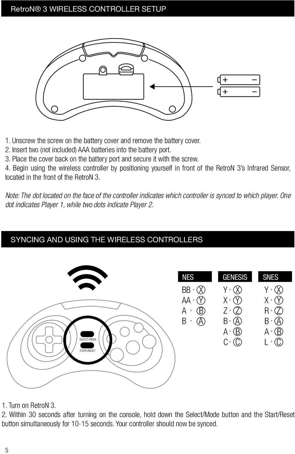 Note: The dot located on the face of the controller indicates which controller is synced to which player. One dot indicates Player 1, while two dots indicate Player 2.