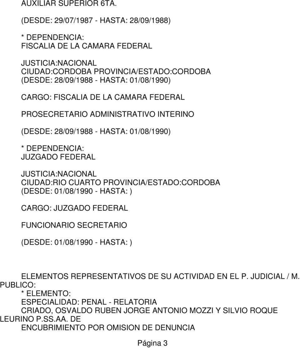 FISCALIA DE LA CAMARA FEDERAL PROSECRETARIO ADMINISTRATIVO INTERINO (DESDE: 28/09/1988 - HASTA: 01/08/1990) * DEPENDENCIA: JUZGADO FEDERAL JUSTICIA:NACIONAL CIUDAD:RIO CUARTO