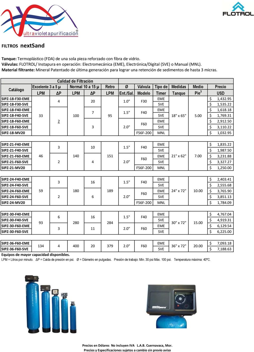 Calidad de Filtración Excelente 3 a 5 µ Normal 10 a 15 µ Retro Ø Válvula Tipo de Medidas Medio Precio Catálogo LPM ΔP LPM ΔP LPM Ent./Sal. Modelo Timer Tanque Pie 3 USD SIPZ 18 F30 EME EME $ 1,432.