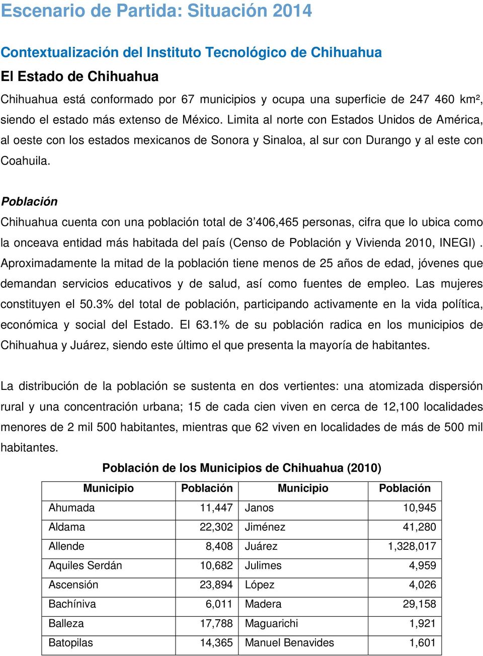 Población Chihuahua cuenta con una población total de 3 406,465 personas, cifra que lo ubica como la onceava entidad más habitada del país (Censo de Población y Vivienda 2010, INEGI).