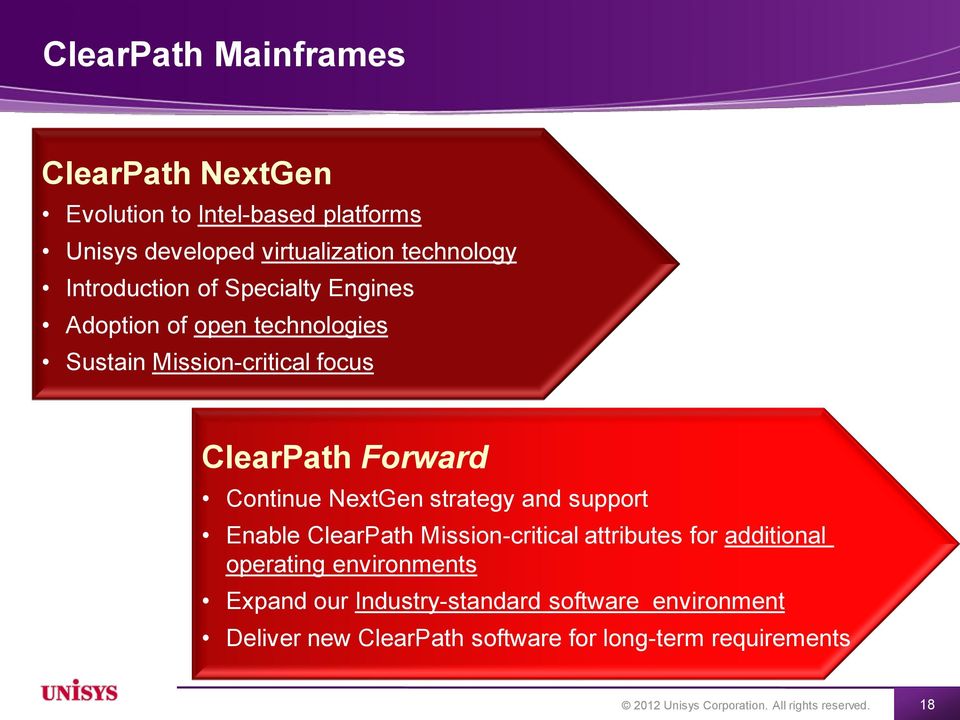 NextGen strategy and support Enable ClearPath Mission-critical attributes for additional operating environments Expand our