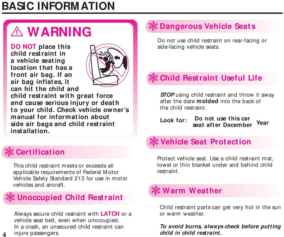 Check vehicle owner s manual for information about side air bags and child restraint installation.