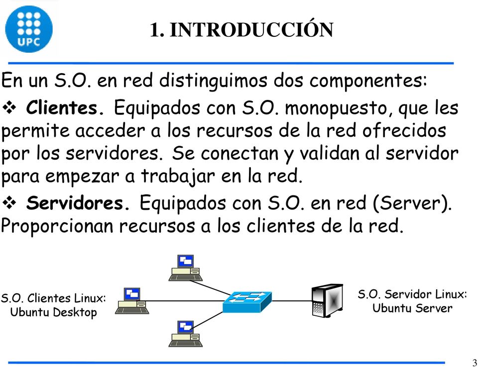 en red (Server). Proporcionan recursos a los clientes de la red. S.O. Clientes Linux: Ubuntu Desktop S.O. Servidor Linux: Ubuntu Server 3