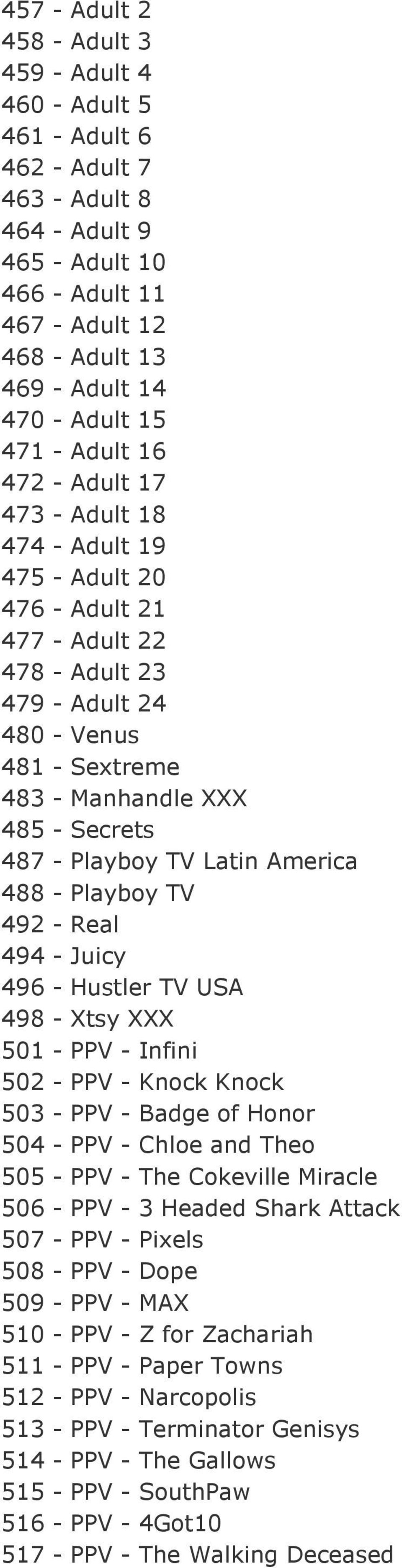 487 - Playboy TV Latin America 488 - Playboy TV 492 - Real 494 - Juicy 496 - Hustler TV USA 498 - Xtsy XXX 501 - PPV - Infini 502 - PPV - Knock Knock 503 - PPV - Badge of Honor 504 - PPV - Chloe and
