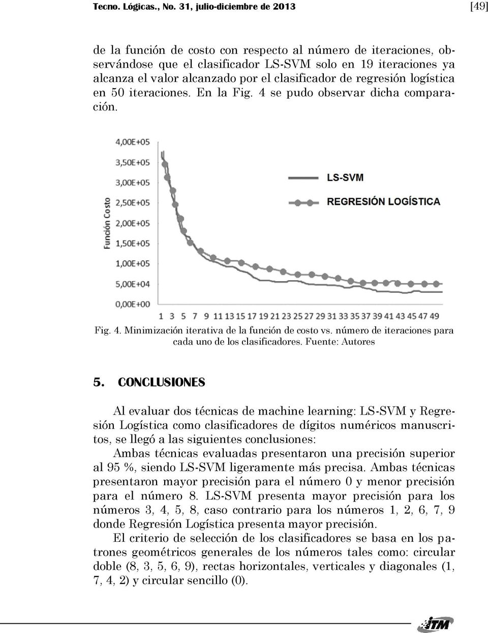clasificador de regresión logística en 50 iteraciones. En la Fig. 4 se pudo observar dicha comparación. Fig. 4. Minimización iterativa de la función de costo vs.