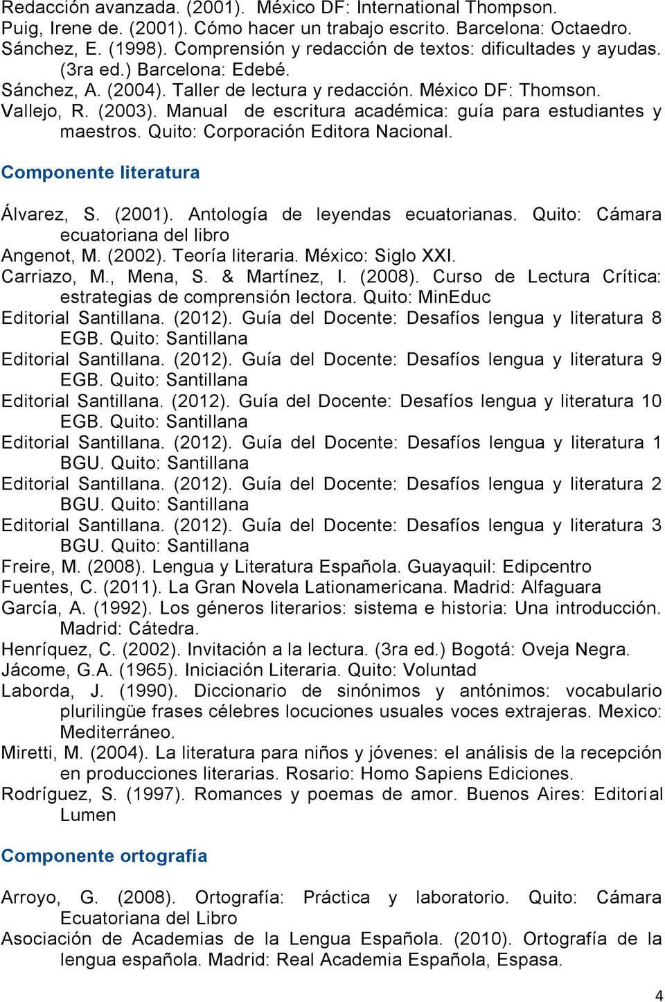 Manual de escritura académica: guía para estudiantes y maestros. Quito: Corporación Editora Nacional. Componente literatura Álvarez, S. (2001). Antología de leyendas ecuatorianas.