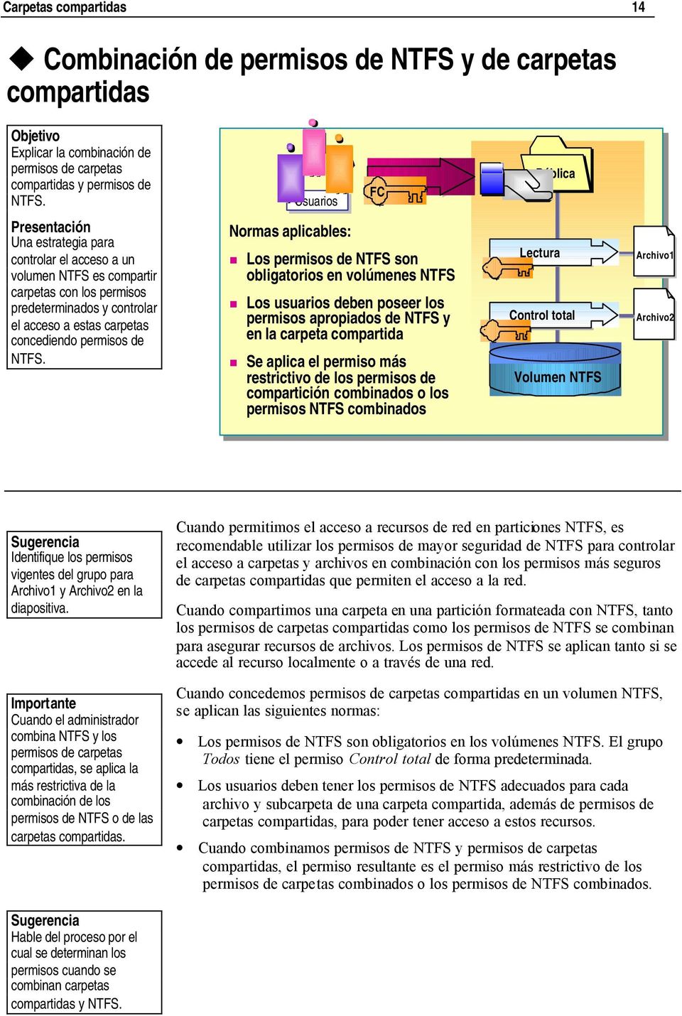 Combinación de permisos de NTFS y de carpetas compartidas Usuarios Normas aplicables: FC Los permisos de NTFS son obligatorios en volúmenes NTFS Los usuarios deben poseer los permisos apropiados de