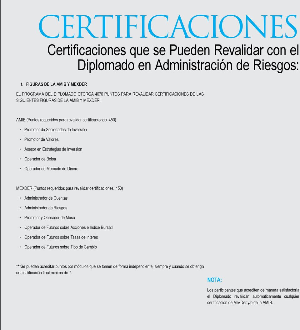 certificaciones: 450) Promotor de Sociedades de Inversión Promotor de Valores Asesor en Estrategias de Inversión Operador de Bolsa Operador de Mercado de Dinero MEXDER (Puntos requeridos para