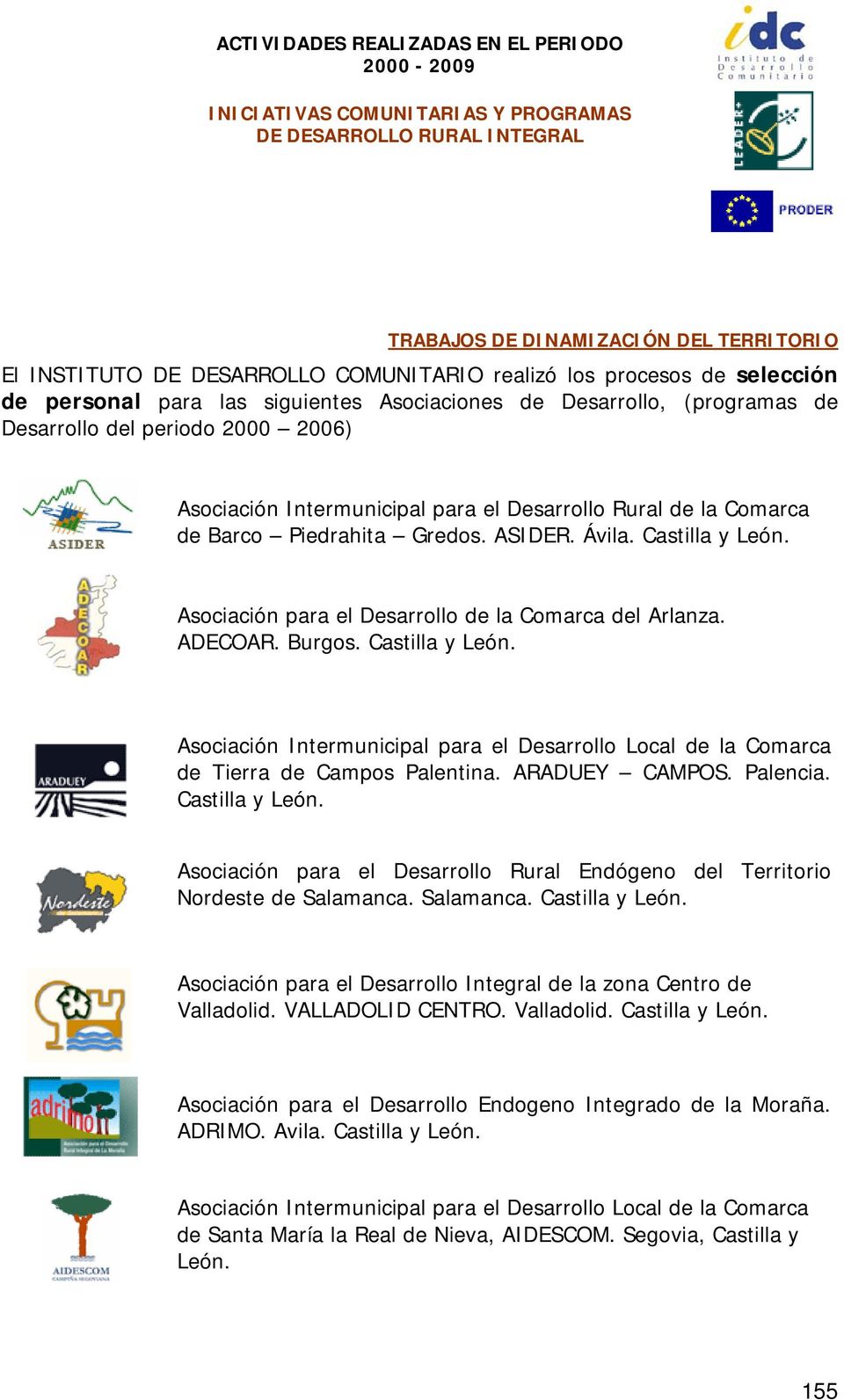 Asociación para el Desarrollo de la Comarca del Arlanza. ADECOAR. Burgos. Castilla y León. Asociación Intermunicipal para el Desarrollo Local de la Comarca de Tierra de Campos Palentina.