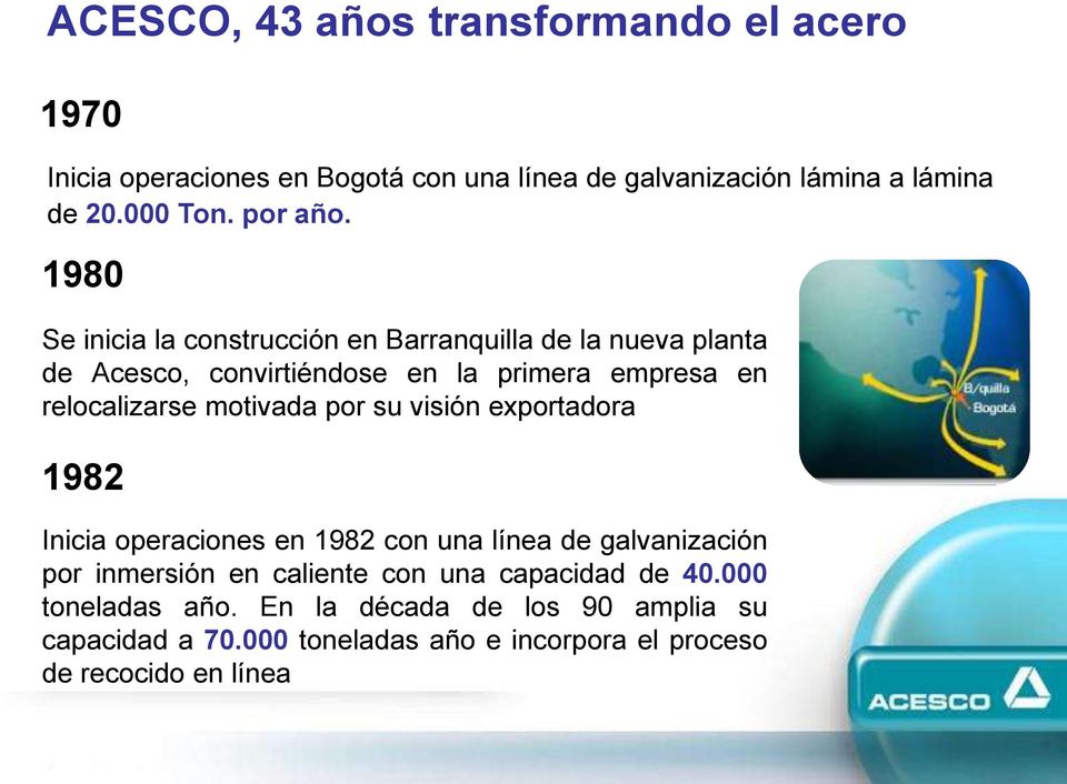1980 Se inicia la construcción en Barranquilla de la nueva planta de Acesco, convirtiéndose en la primera empresa en relocalizarse