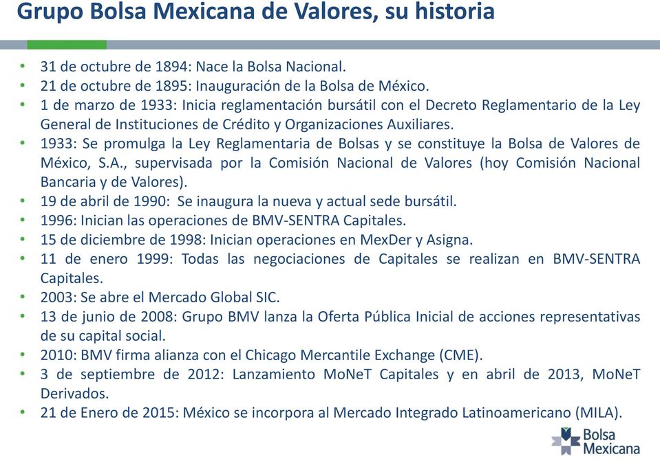 1933: Se promulga la Ley Reglamentaria de Bolsas y se constituye la Bolsa de Valores de México, S.A., supervisada por la Comisión Nacional de Valores (hoy Comisión Nacional Bancaria y de Valores).