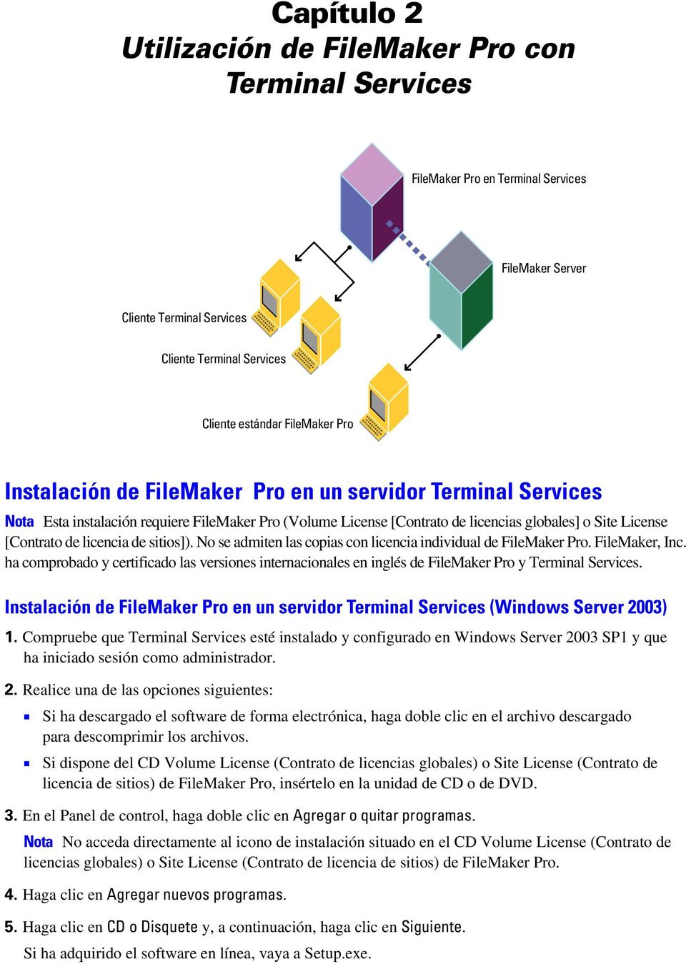 sitios]). No se admiten las copias con licencia individual de FileMaker Pro. FileMaker, Inc. ha comprobado y certificado las versiones internacionales en inglés de FileMaker Pro y Terminal Services.