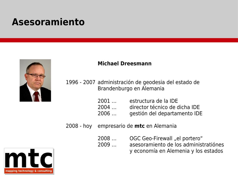 2006 gestión del departamento IDE 2008 - hoy empresario de mtc en Alemania 2008 OGC