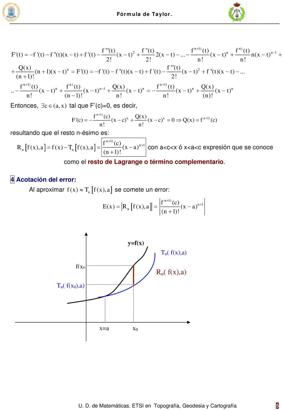 ! resultado que el resto -ésimo es: [ ] [ ] R f,a f T f,a ( + )! + ) f (c) ( a) + co a<c< ó <a<c epresió que se cooce como el resto de Lagrage o térmio complemetario.
