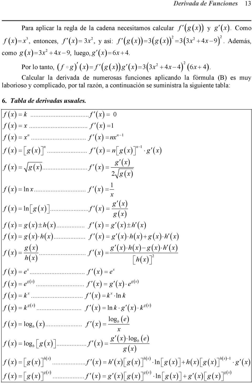 Calcular la erivaa e numerosas funciones aplicano la fórmula (B) es muy laborioso y complicao, por tal razón, a continuación se suministra la siguiente tabla: 6.