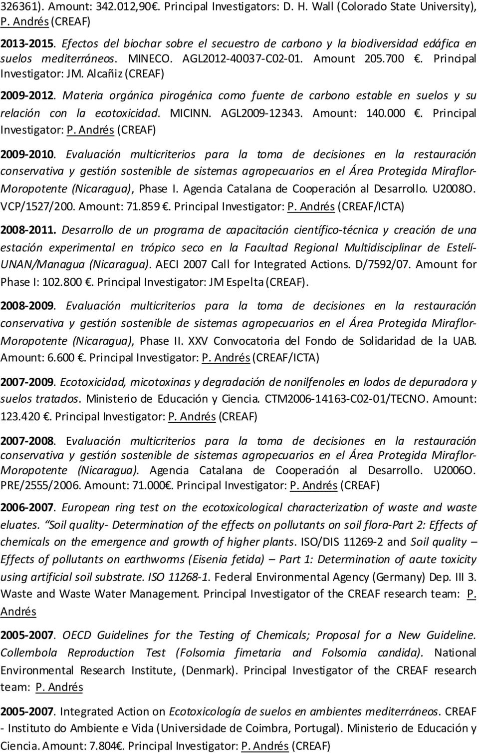 Alcañiz (CREAF) 2009-2012. Materia orgánica pirogénica como fuente de carbono estable en suelos y su relación con la ecotoxicidad. MICINN. AGL2009-12343. Amount: 140.000. Principal Investigator: P.