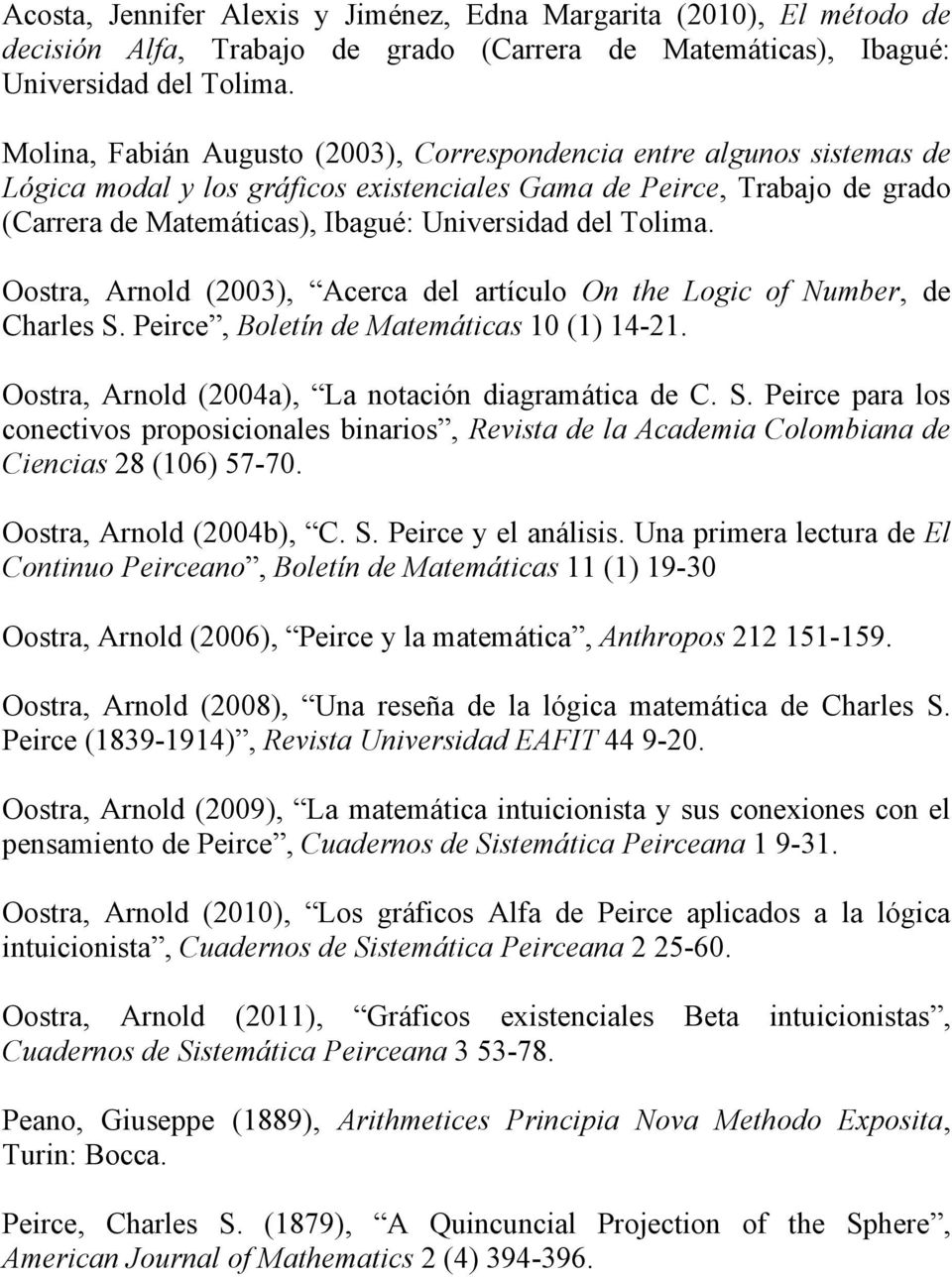 Tolima. Oostra, Arnold (2003), Acerca del artículo On the Logic of Number, de Charles S.