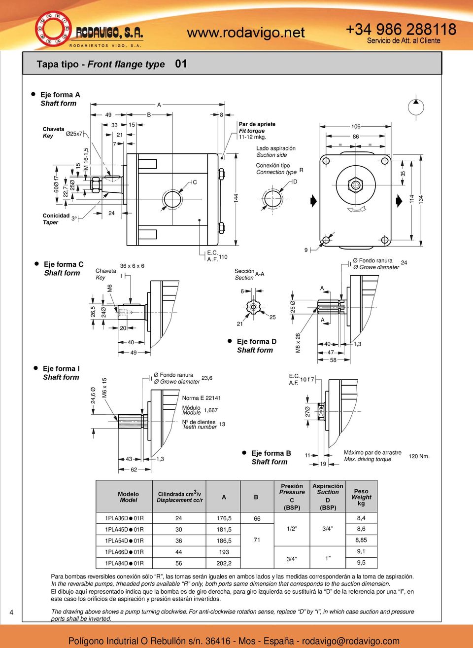 Modelo Model ilindrada cm /v isplacement cc/r A B Presión Pressure (BSP) Aspiración Suction (BSP) Peso Weight kg PLA 0R,, PLA 0R 0, / /, PLA 0R,, PLA PLA 0R 0R 0, /,, Para bombas reversibles conexión
