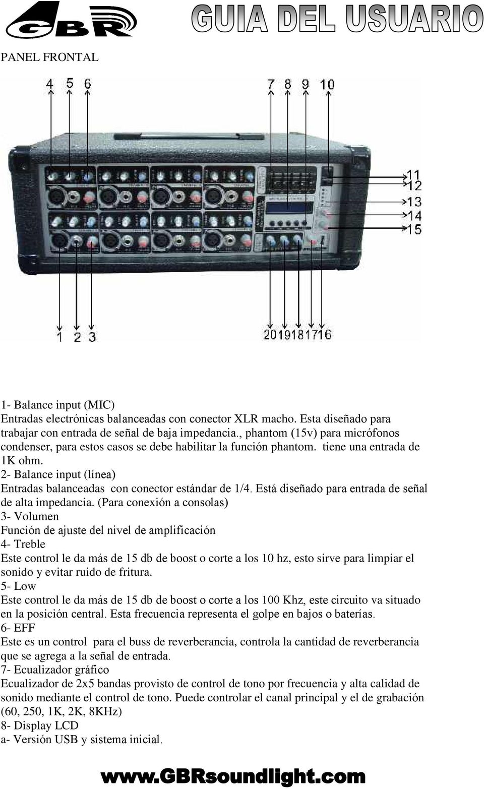 2- Balance input (línea) Entradas balanceadas con conector estándar de 1/4. Está diseñado para entrada de señal de alta impedancia.
