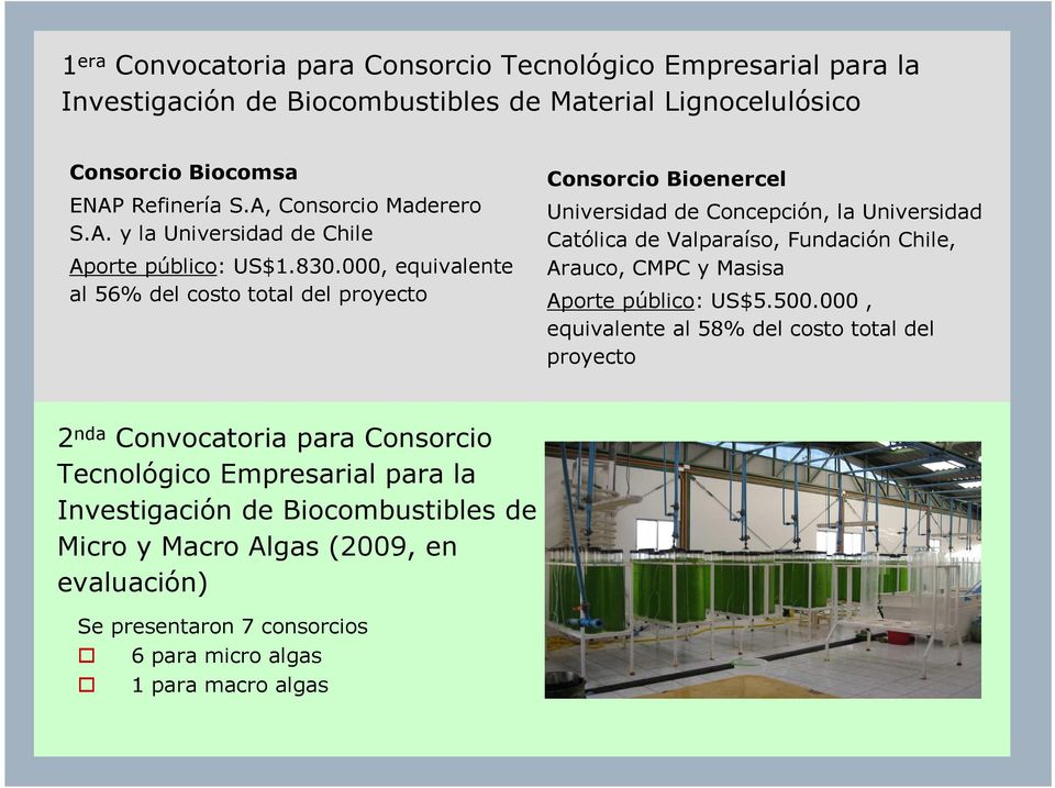 000, equivalente al 56% del costo total del proyecto Consorcio Bioenercel Universidad de Concepción, la Universidad Católica de Valparaíso, Fundación Chile, Arauco, CMPC y