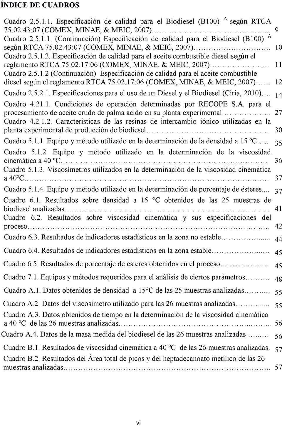 5.1.2 (Continuación) Especificación de calidad para el aceite combustible diesel según el reglamento RTCA 75.02.17:06 (COMEX, MINAE, & MEIC, 2007)... 12 Cuadro 2.5.2.1. Especificaciones para el uso de un Diesel y el Biodiesel (Ciria, 2010).