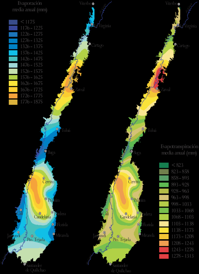 Figura 11: Precipitación (izquierda) y evaporación(derecha) en el Valle Geográfico del Río Cauca (Cenicaña 2001) Con el fin de compensar las pérdidas por evapotranspiración durante los períodos