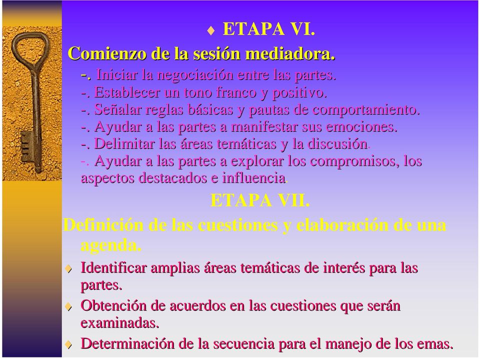 ETAPA VII. Definición de las cuestiones y elaboración de una agenda. Identificar amplias áreas temáticas de interés para las partes.