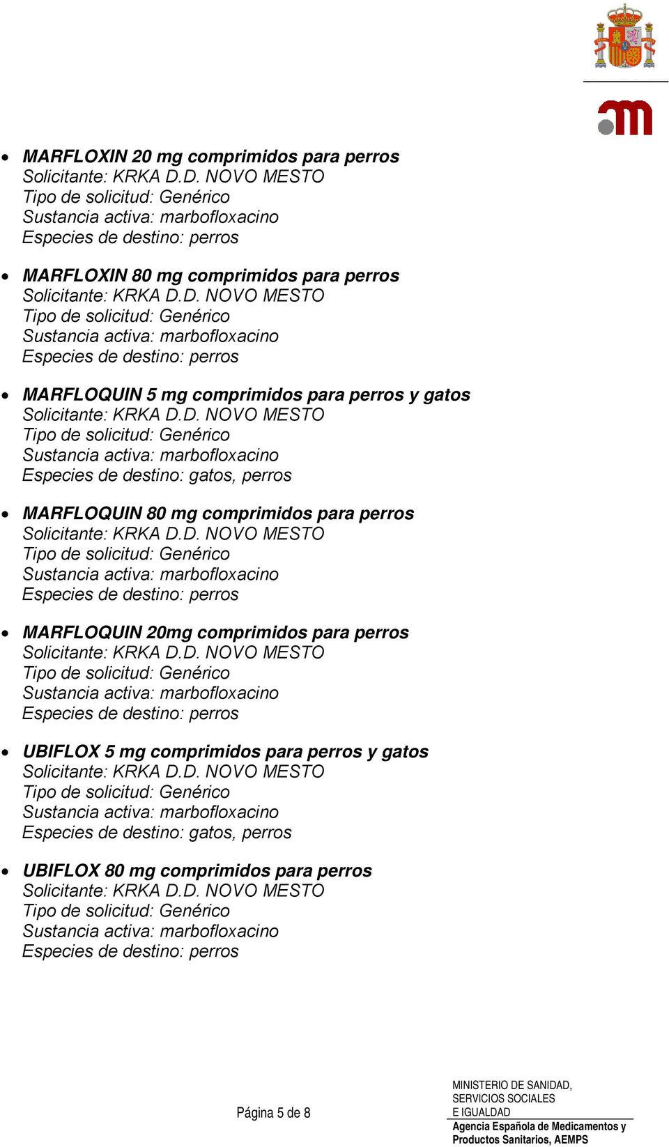 comprimidos para perros MARFLOQUIN 20mg comprimidos para perros UBIFLOX 5 mg comprimidos para