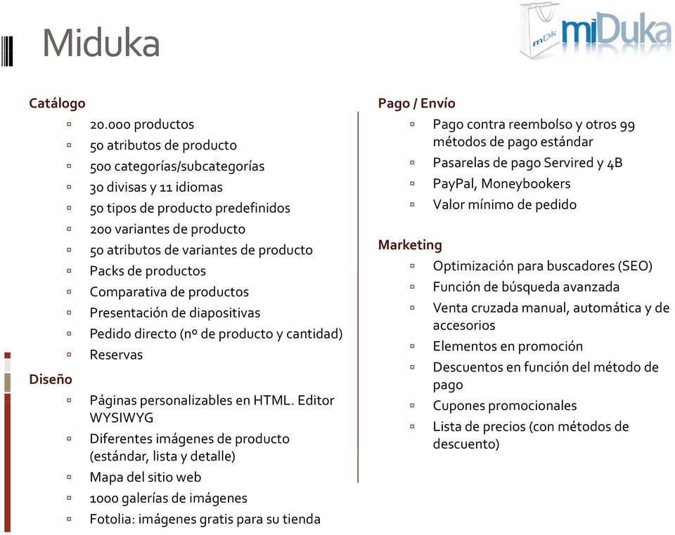 productos Comparativa de productos Presentación de diapositivas Pedido directo (nº de producto y cantidad) Reservas Páginas personalizables en HTML.