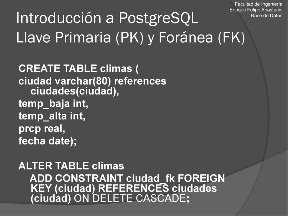 temp_alta int, prcp real, fecha date); ALTER TABLE climas ADD CONSTRAINT