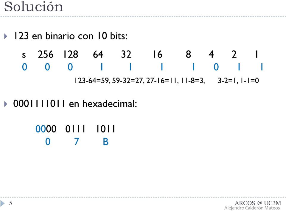 0001111011 en hexadecimal: 123-64=59,