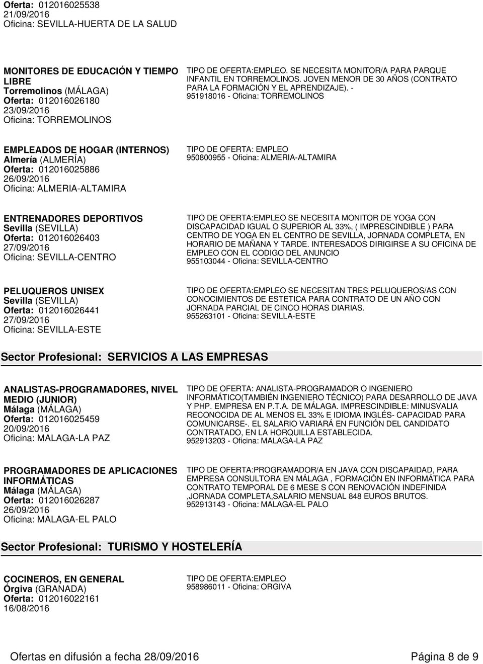 - 951918016 - Oficina: TORREMOLINOS EMPLEADOS DE HOGAR (INTERNOS) Almería (ALMERÍA) Oferta: 012016025886 Oficina: ALMERIA-ALTAMIRA 950800955 - Oficina: ALMERIA-ALTAMIRA ENTRENADORES DEPORTIVOS