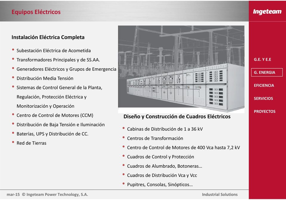 Centro de Control de Motores (CCM) Distribución de Baja Tensión e Iluminación Baterías, UPS y Distribución de CC.