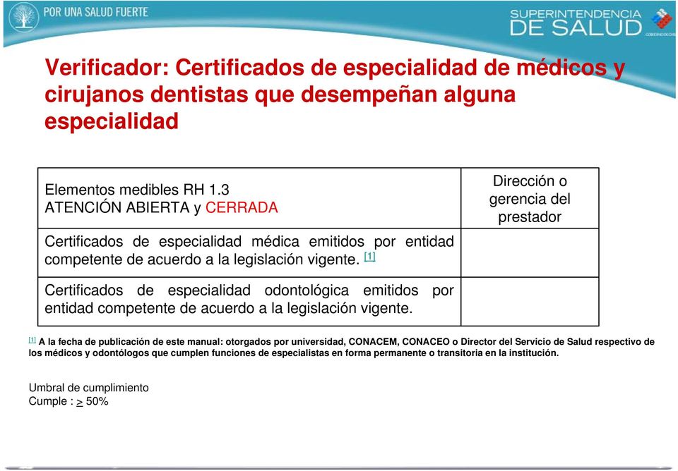 [1] Dirección o gerencia del prestador Certificados de especialidad odontológica emitidos por entidad competente de acuerdo a la legislación vigente.