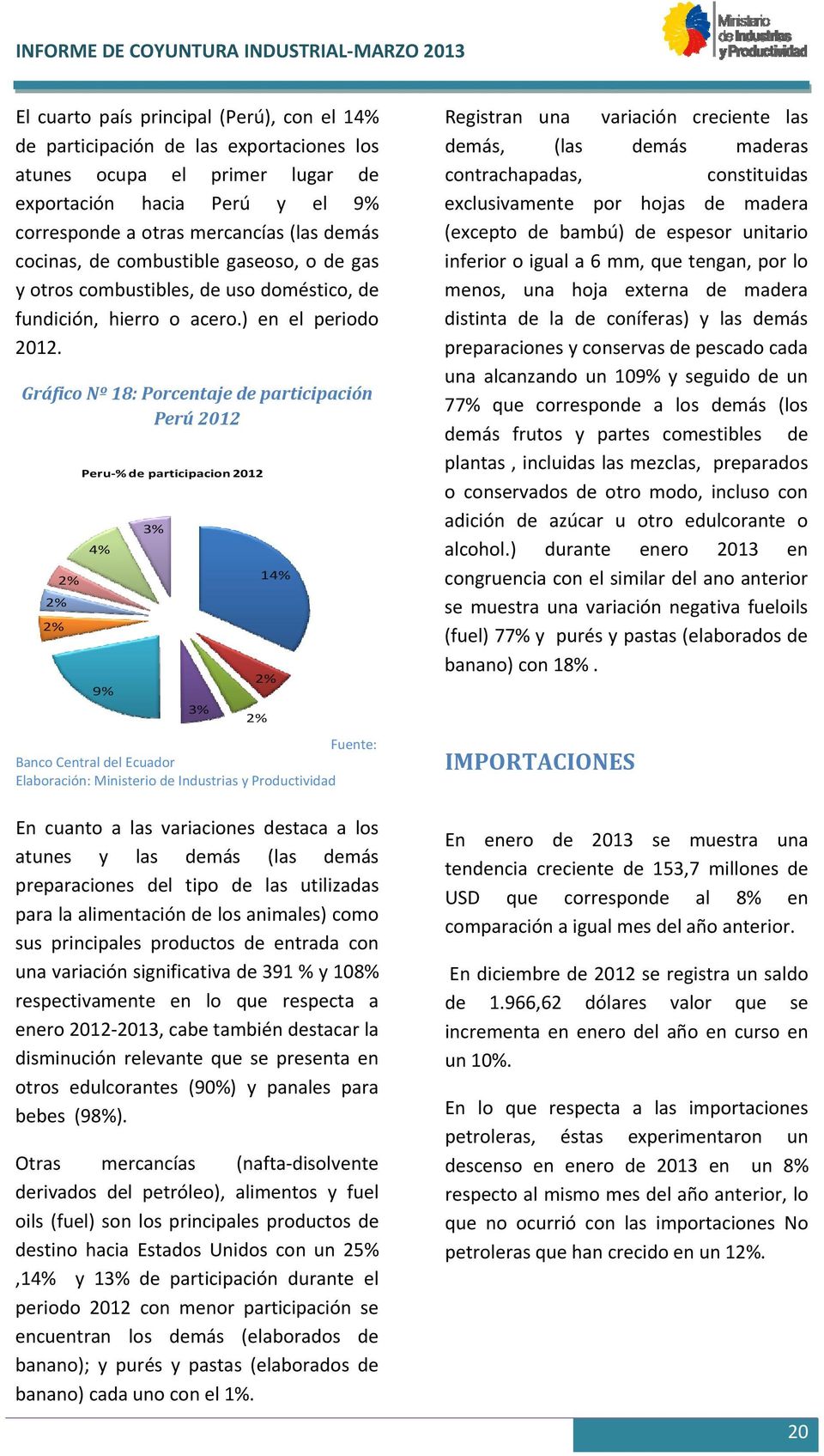 Gráfico Nº 18: Porcentaje de participación Perú 2012 2% 2% 2% Peru % de participacion 2012 4% 9% 3% 3% 14% 2% 2% Fuente: Banco Central del Ecuador En cuanto a las variaciones destaca a los atunes y