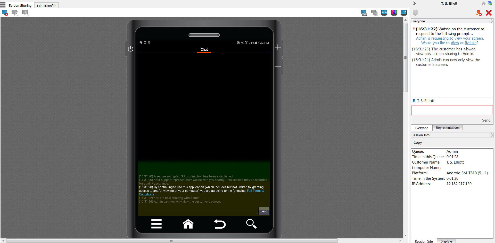 Compartir pantalla con el dispositivo Android durante una sesión de soporte técnico Connect En la ventana de sesión, haga clic en el botón Compartir pantalla para solicitar la visualización del