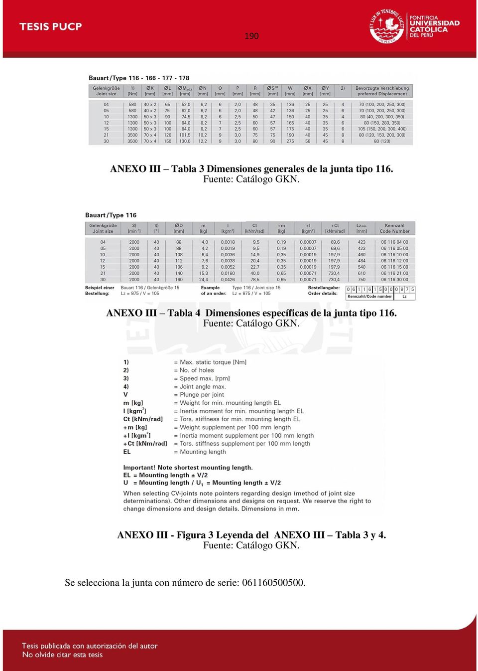 NEXO III Tabla 4 Dimensiones específicas de la junta tipo 116.