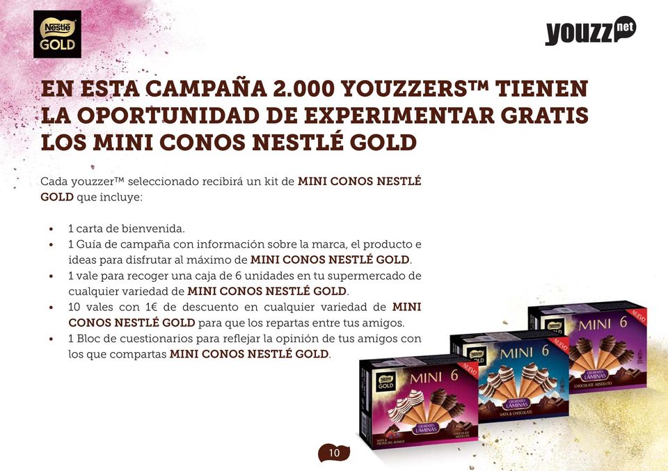 1 carta de bienvenida. 1 Guía de campaña con información sobre la marca, el producto e ideas para disfrutar al máximo de MINI CONOS NESTLÉ GOLD.