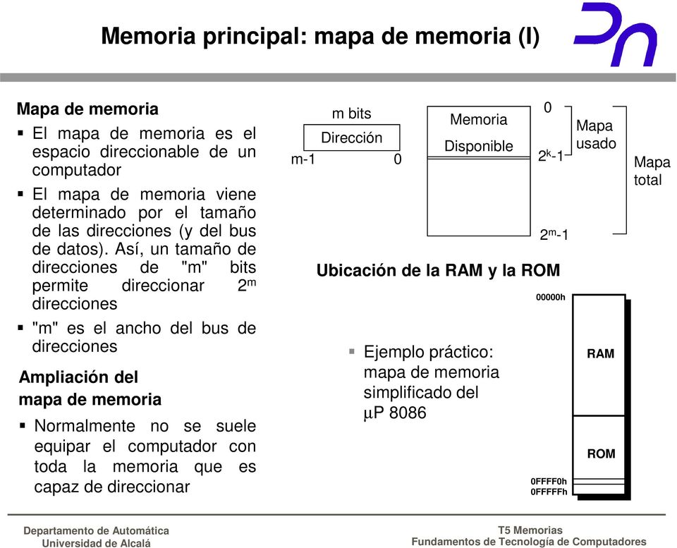 Así, un tamaño de direcciones de "m" bits permite direccionar 2 m direcciones m-1 m bits Dirección 0 Memoria Disponible 0 2 k -1 2 m -1 Ubicación de la RAM y la