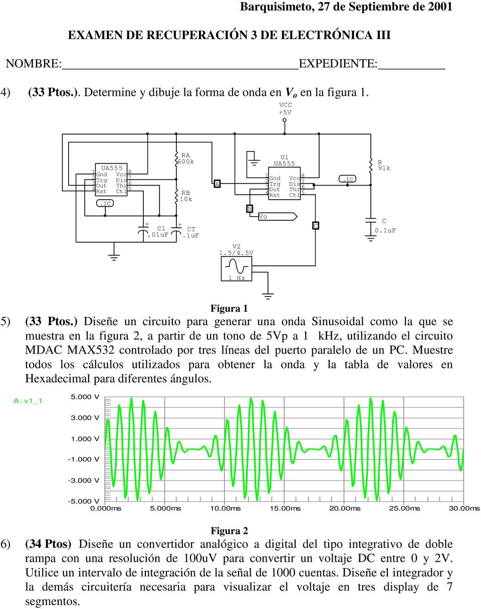 ) Diseñe un circuito para generar una onda Sinusoidal como la que se muestra en la figura 2, a partir de un tono de p a 1 khz, utilizando el circuito MDAC MAX32 controlado por tres líneas del puerto