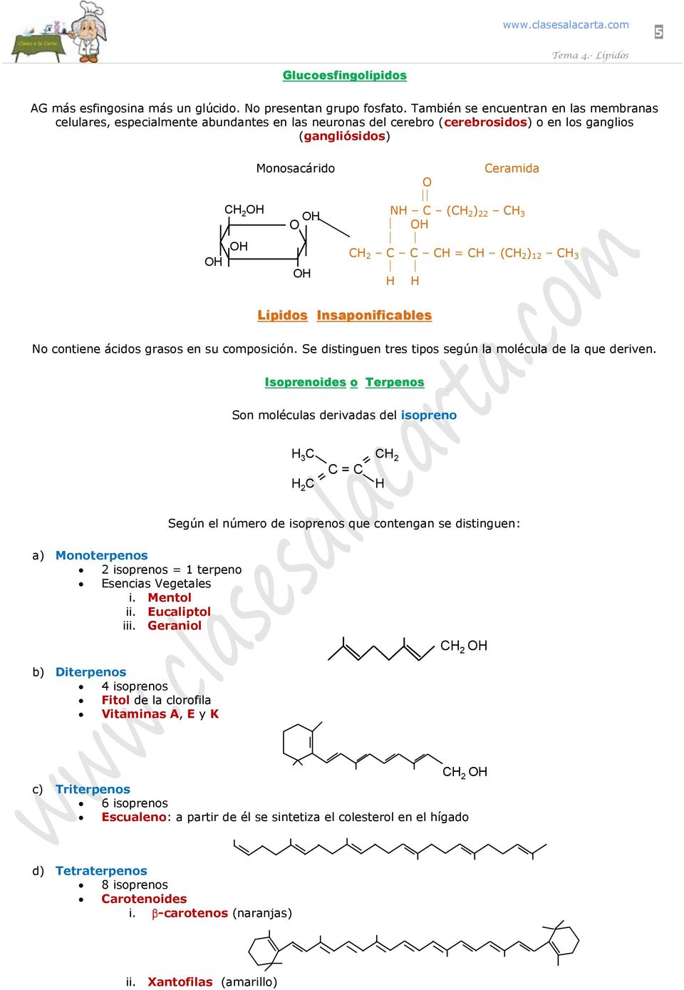 Lípidos Insaponificables No contiene ácidos grasos en su composición. Se distinguen tres tipos según la molécula de la que deriven.